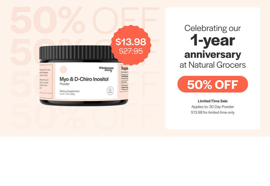 Supplement jar with promotional text for a 1-year anniversary sale at Natural Grocers.