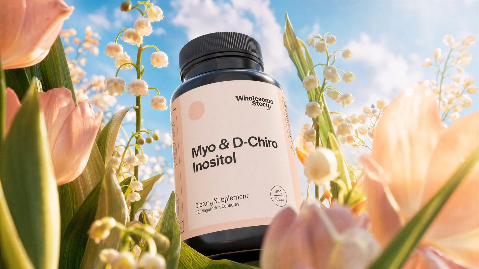 Wholesome Story Myo & D-Chiro Inositol bottle photographed in a meadow of pastel flowers